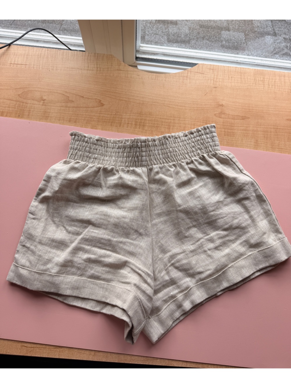 Reformation Oatmeal Smocked Waist 100% Linen Shorts